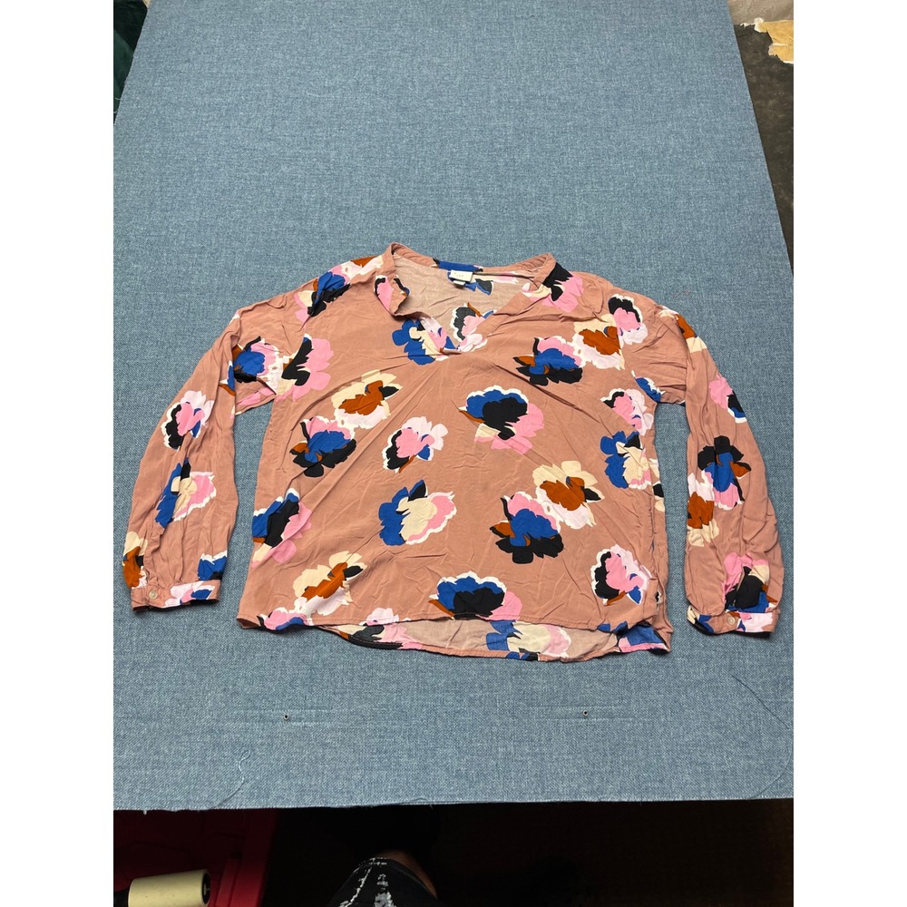 A New Day Womens XXL Pink Floral Long Sleeve Split V-Neck Blouse Top